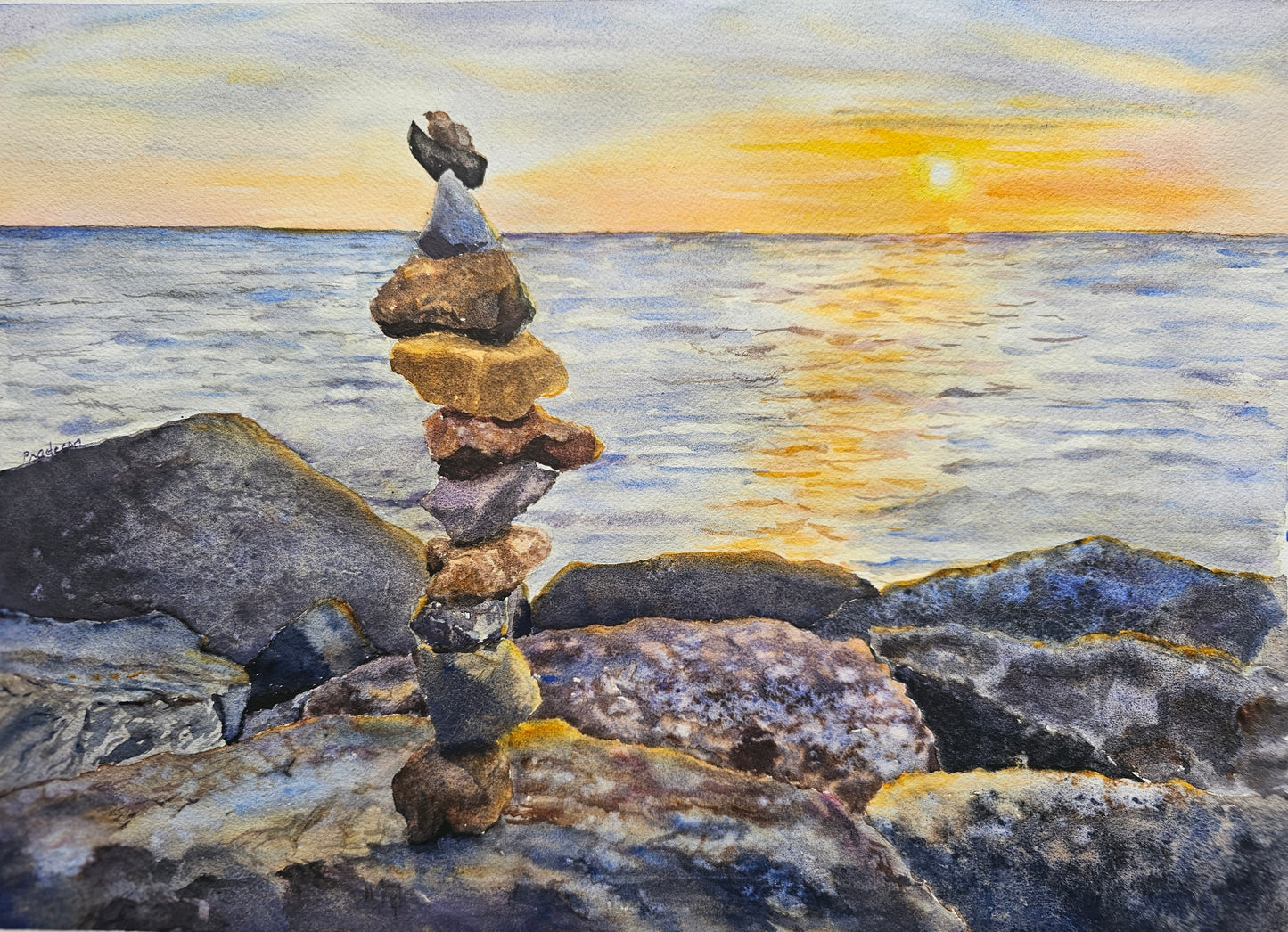 Stacking Stones In The Sunset- Original Watercolour Painting, 52 x 41 cm approx.