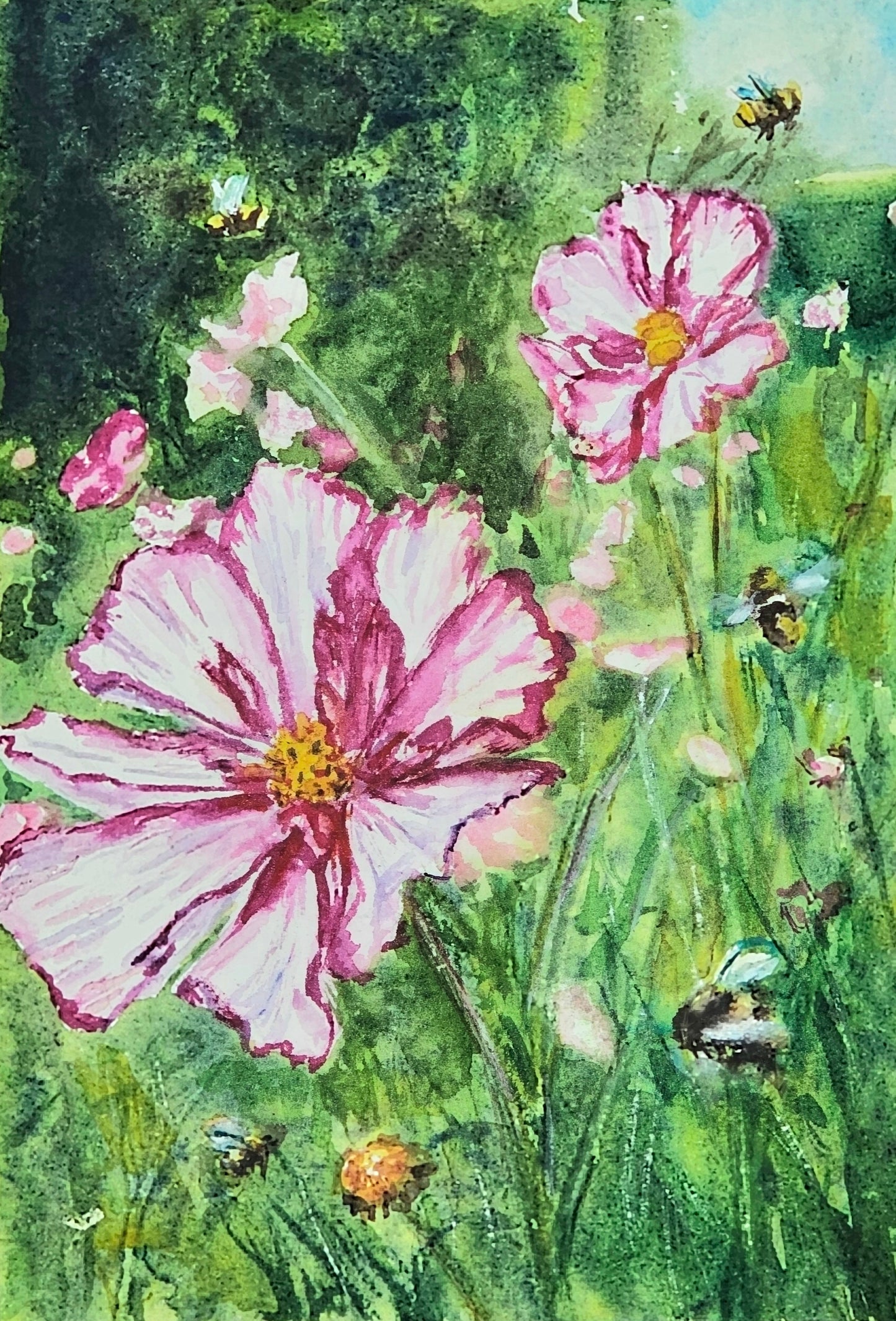 Cosmos and Bees- original watercolour painting- 4x6 inches