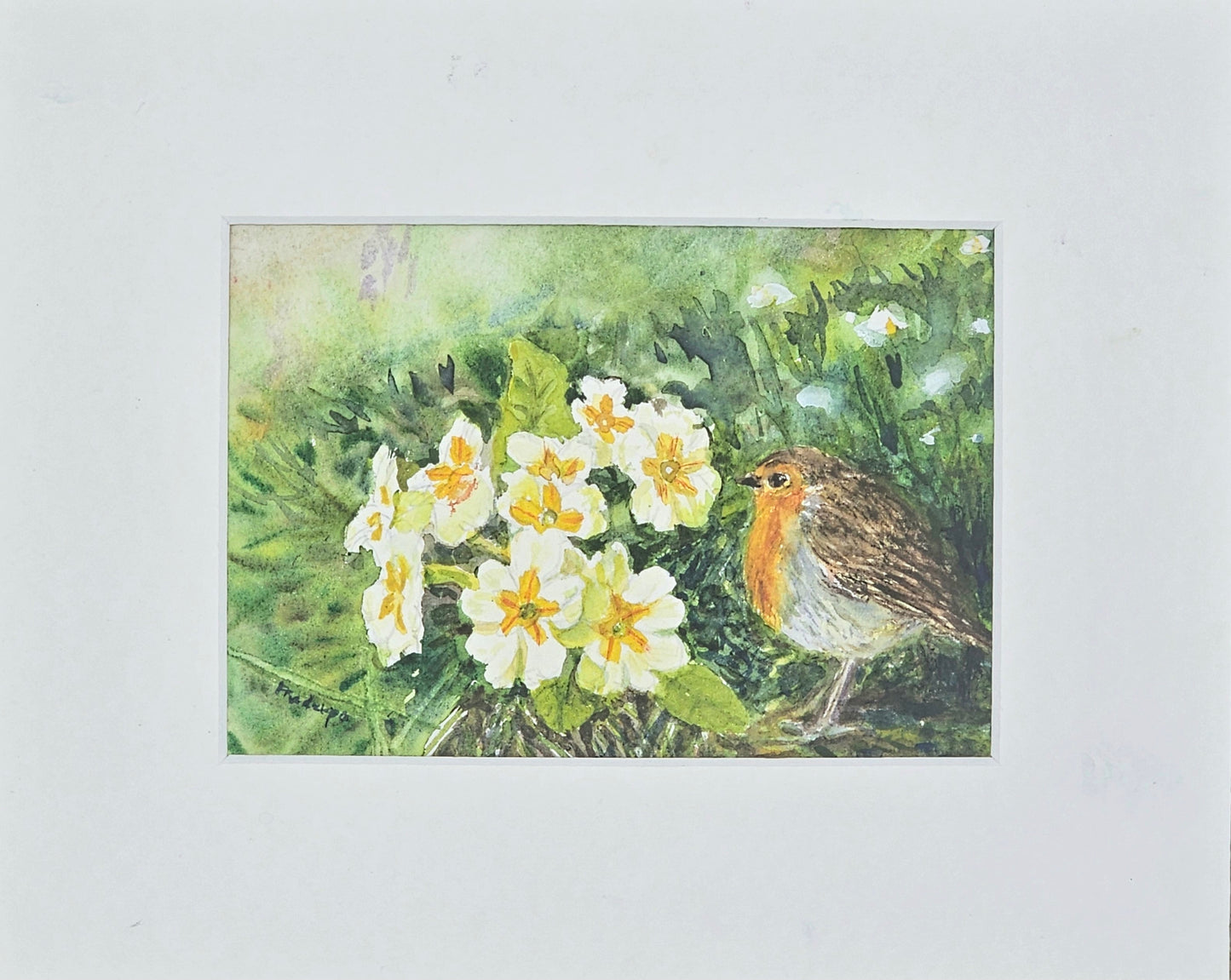 Primroses And Robin- original watercolour painting- 4x6 inches
