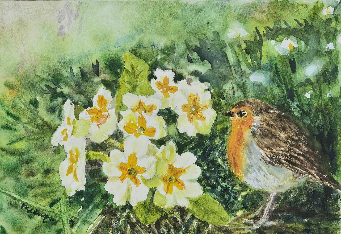 Primroses And Robin- original watercolour painting- 4x6 inches