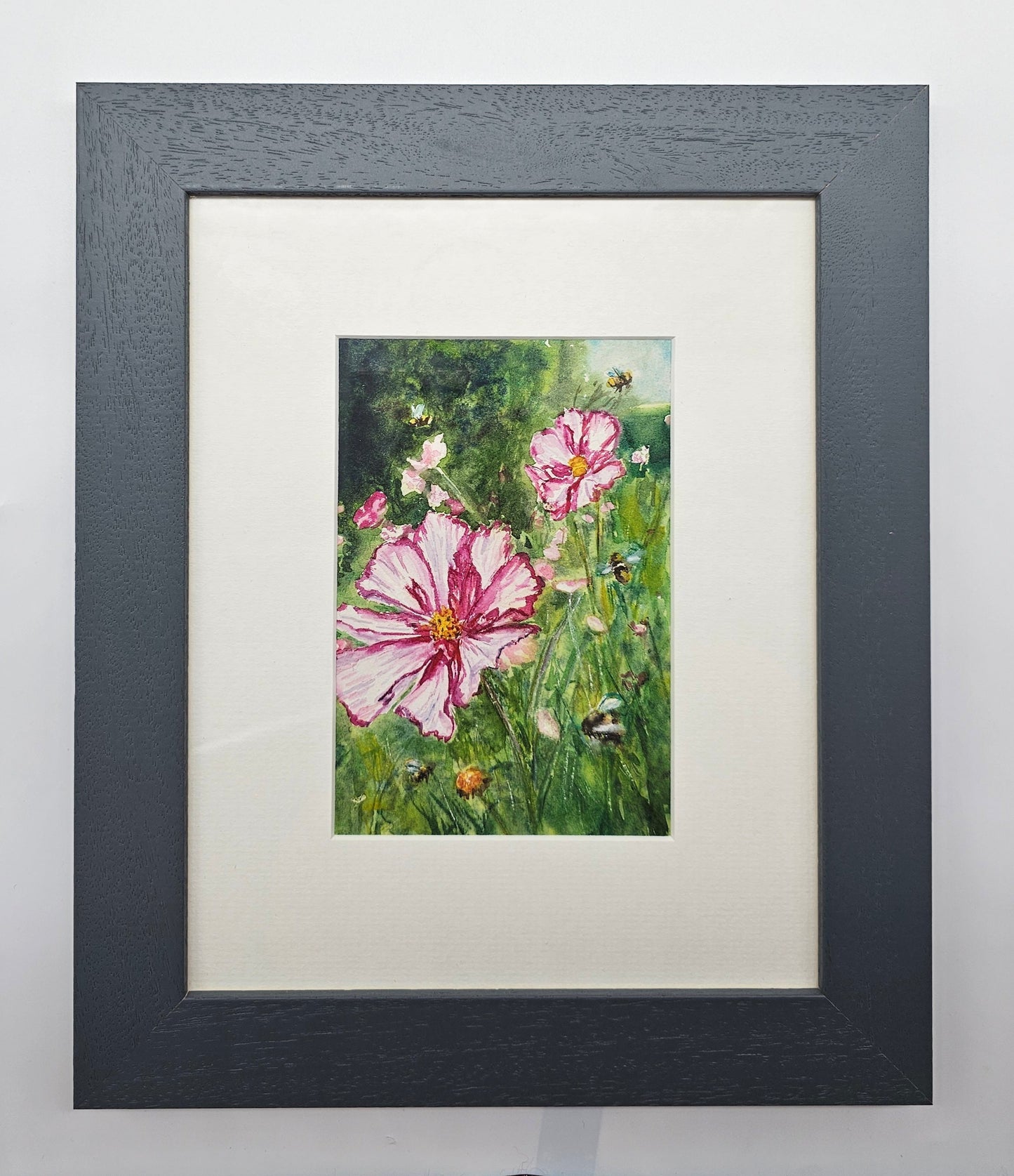 Cosmos and Bees- original watercolour painting- 4x6 inches