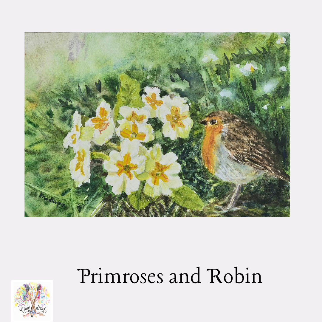Primroses And Robin- original watercolour painting- 4x6 inches