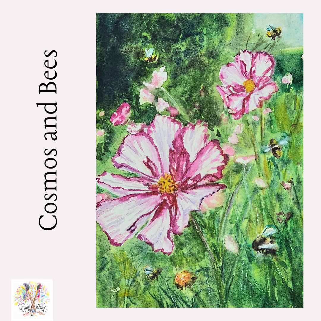 Cosmos and Bees- original watercolour painting- 4x6 inches
