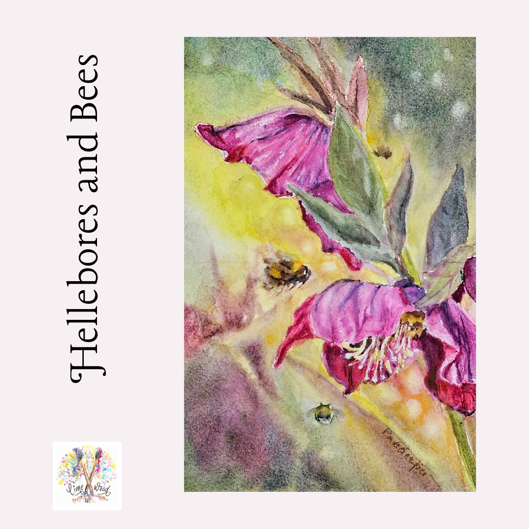 Hellebores and Bees - original watercolour painting- 4x6 inches