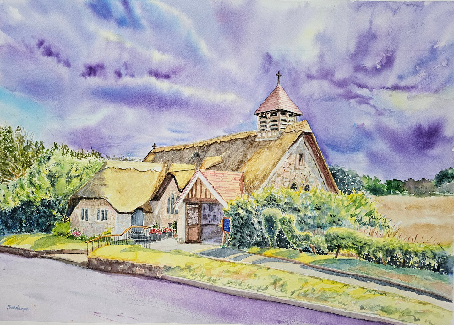 The Thatched Bell Tower- Original Watercolour Painting, 74 x 56 cm approx.