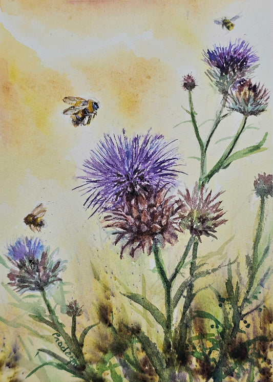 Weaving Through Thistles - original watercolour painting- 4x6 inches