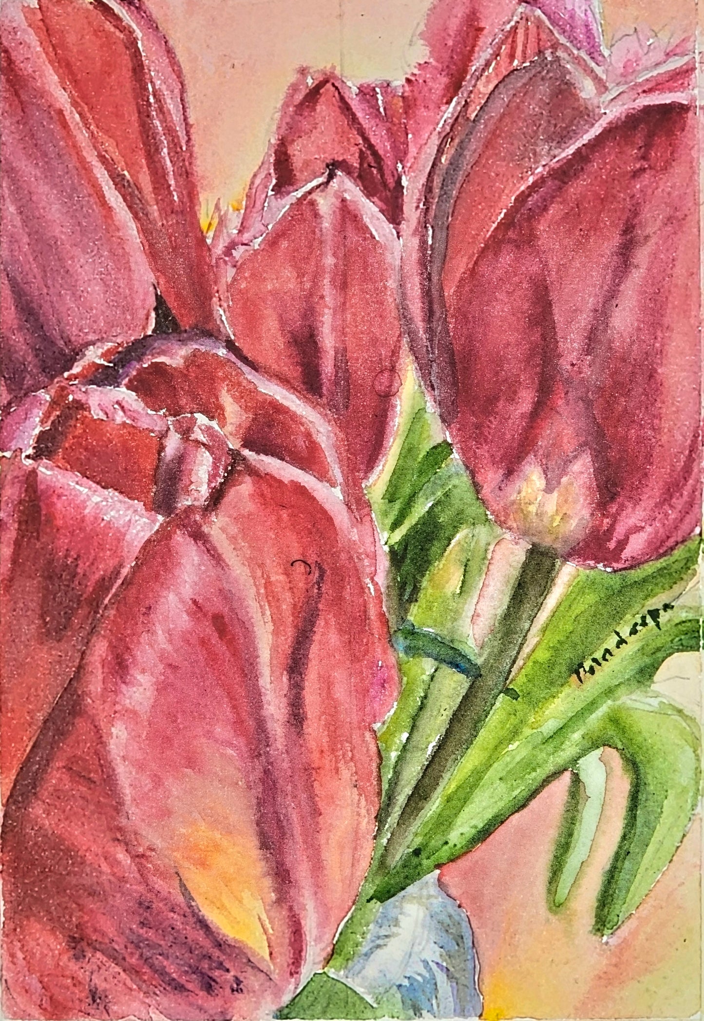 Tulips in red -  original watercolour painting- 4x6 inches