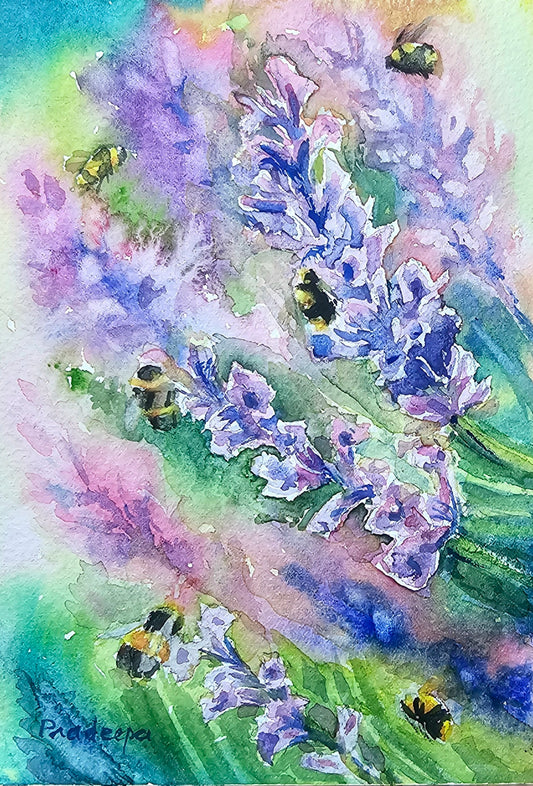 Lavender Bee Village -  original watercolour painting- 4x6 inches
