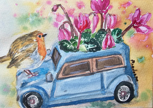 Riding With The Flowers -  original watercolour painting- 4x6 inches