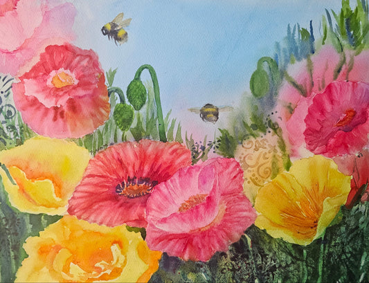 Colourful poppies with bees in a garden setting