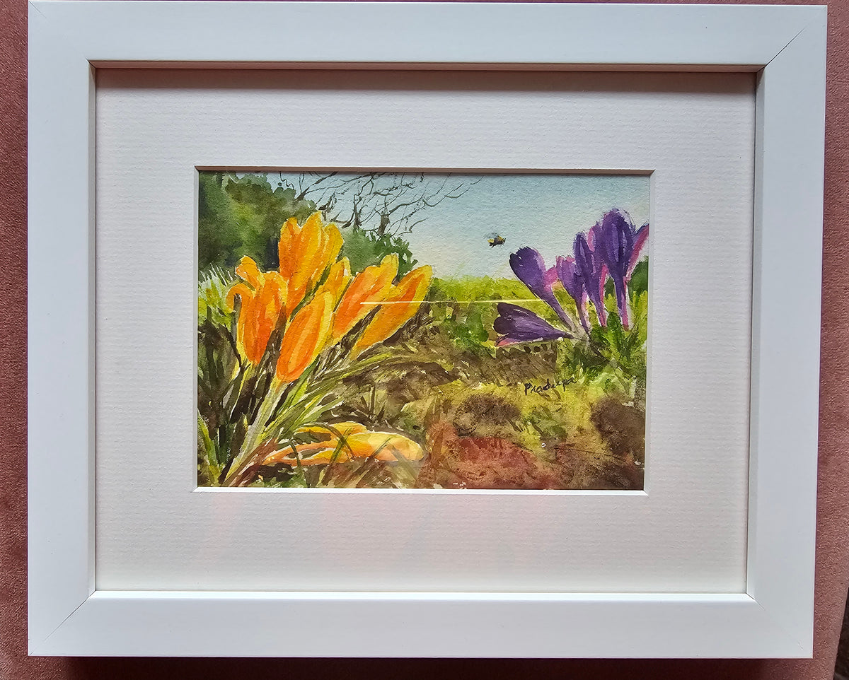 Springtime With Crocuses - Original Watercolour Painting, 12.5x17.5 cm (approx)