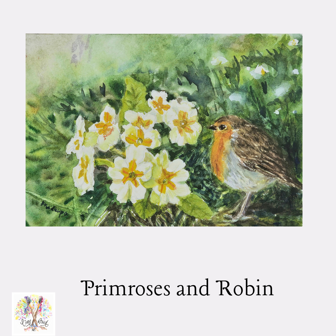 Primroses And Robin-  original watercolour painting- 4x6 inches