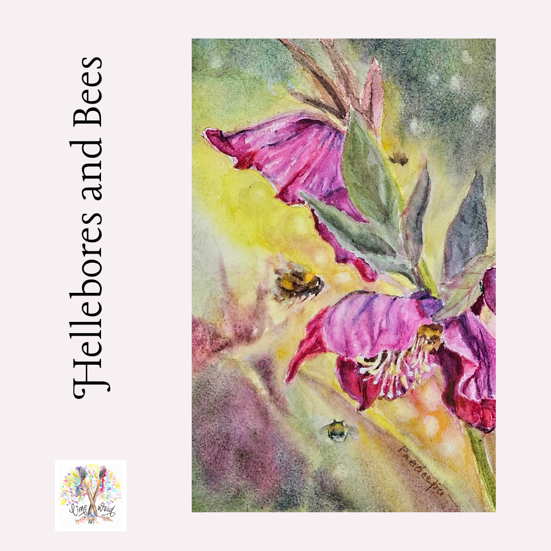 Hellebores and Bees -  original watercolour painting- 4x6 inches