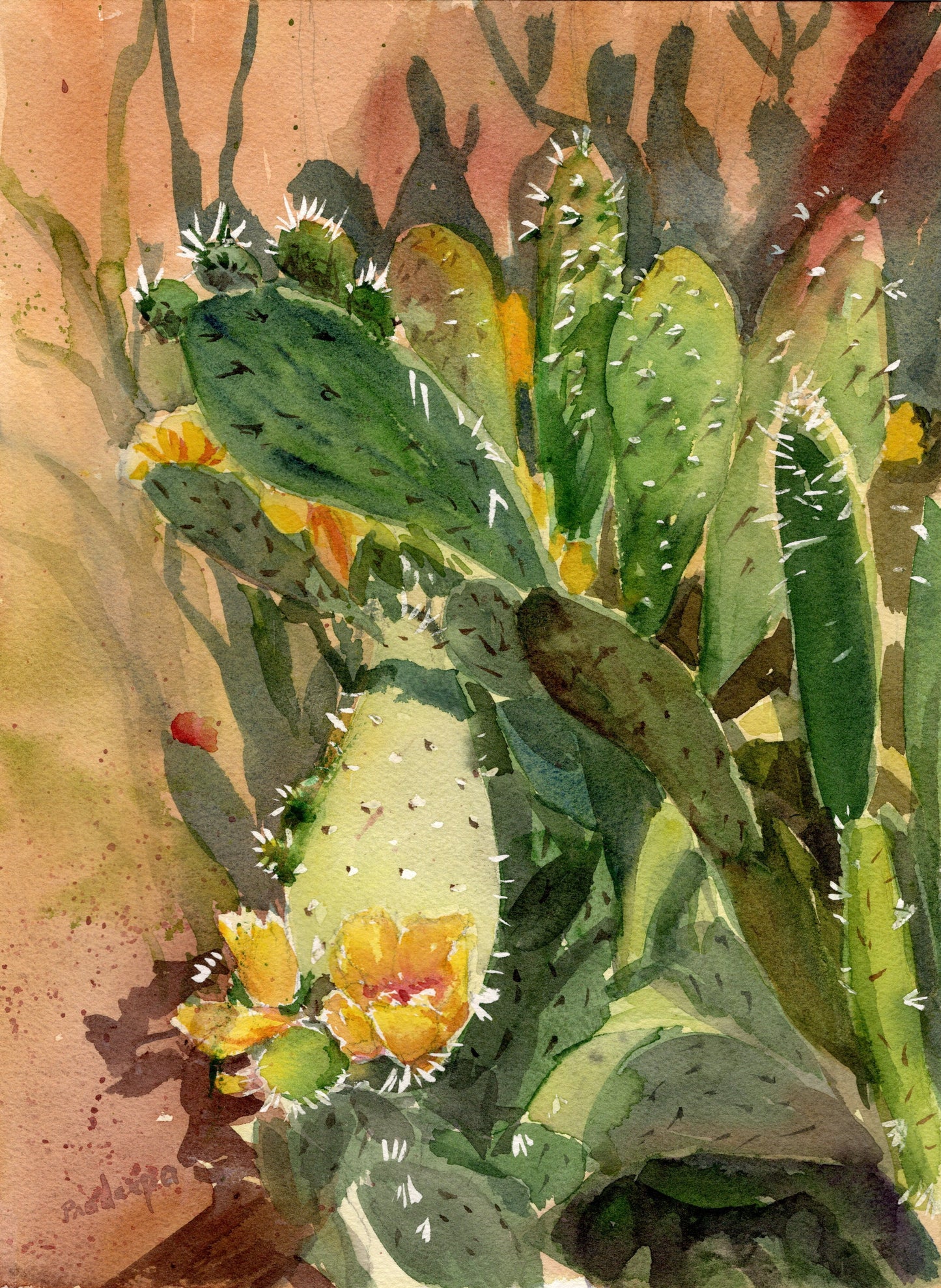 Watercolor painting of a prickly pear cactus with green pads and bright yellow flowers, set against a warm brown and orange background.