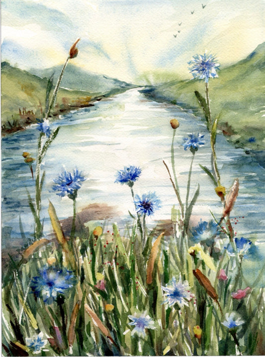 Watercolor landscape painting of a winding river or stream bordered by green hills and blue wildflowers in the foreground.