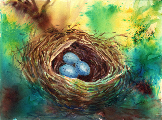 A watercolor painting of a bird's nest with three blue eggs, set against a vibrant green and yellow background. The painting is presented on a square canvas with a white border.