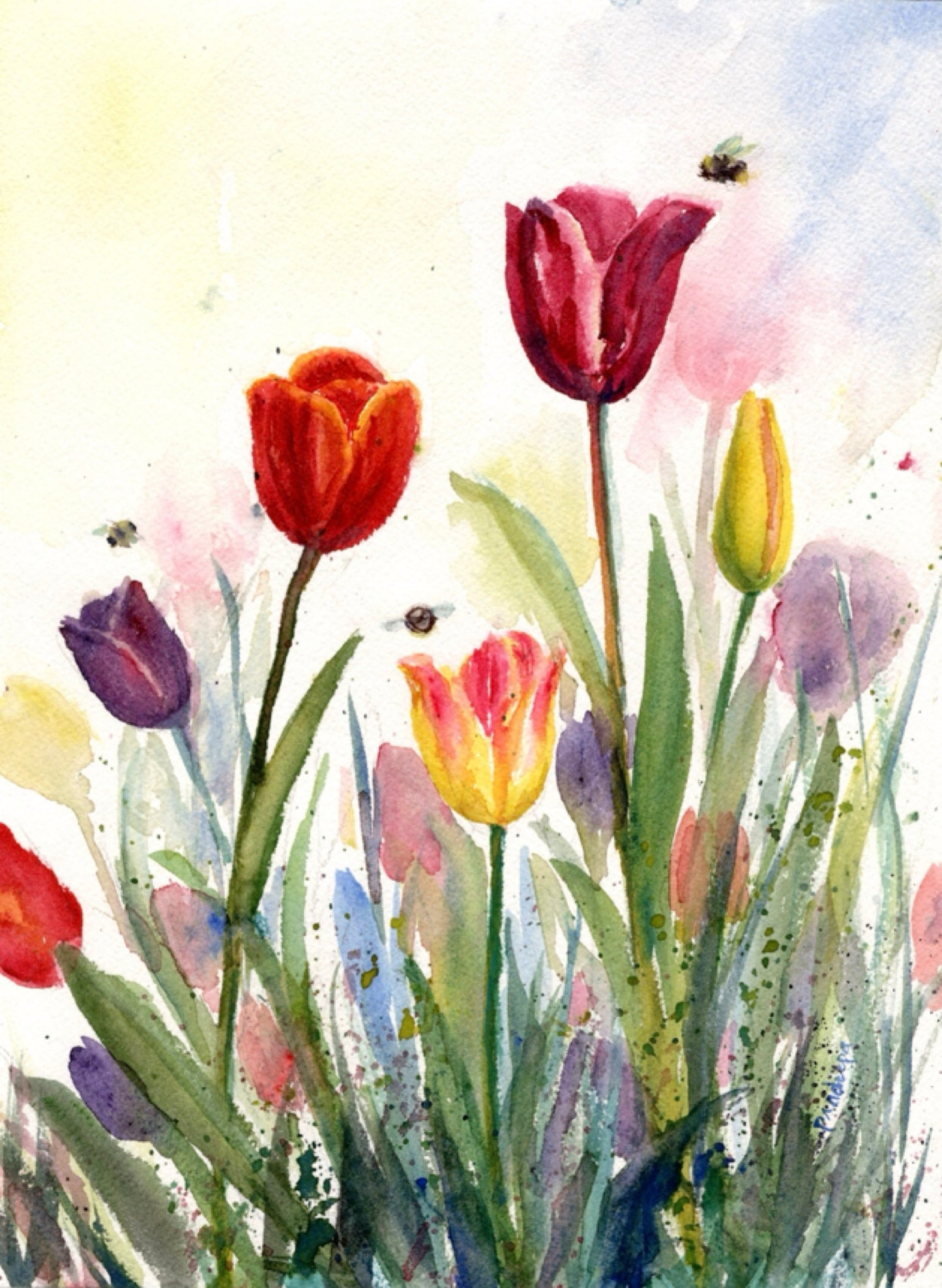 Watercolor painting of tulips in a field, featuring red, pink, yellow, and purple flowers with green stems and leaves against a soft pastel sky.