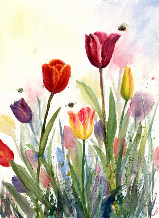 Watercolor painting of tulips in a field, featuring red, pink, yellow, and purple flowers with green stems and leaves against a soft pastel sky.