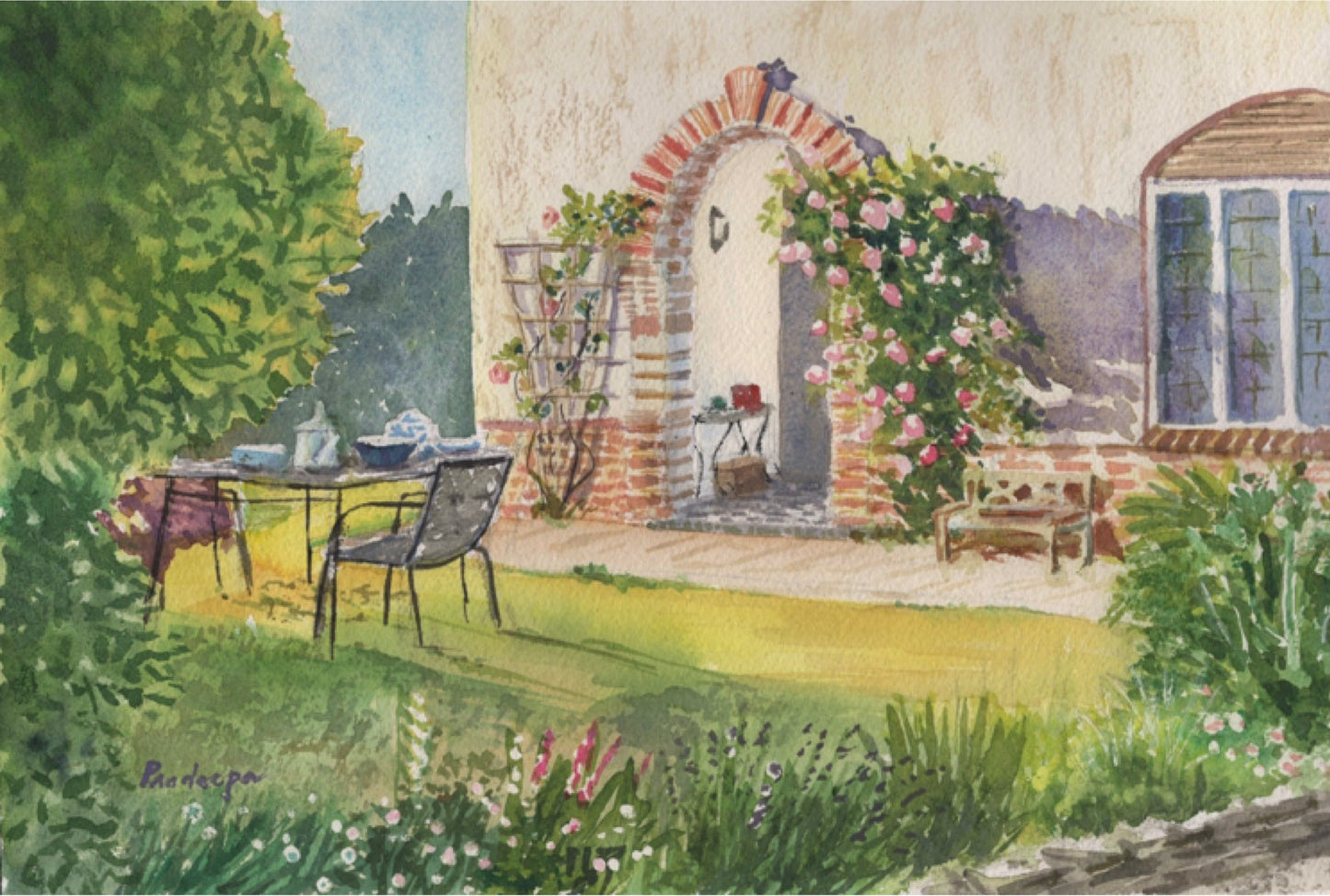 Watercolor painting of a garden courtyard with a brick archway, pink flowering vines, a bench, a small table with chairs, and green foliage in the foreground.